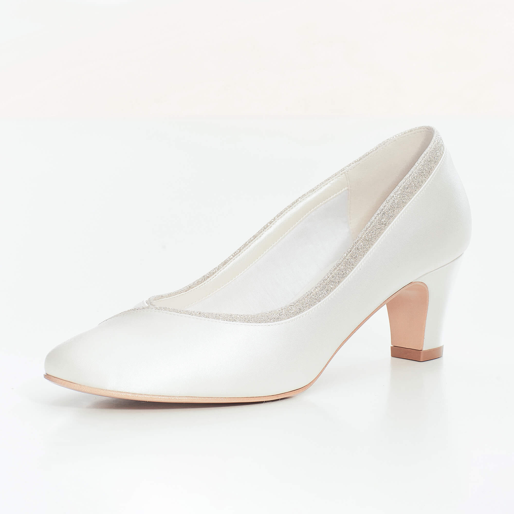 Overlapping Glitter Trim Ivory & Silver Satin 6 cm Block Heeled Bridal Pumps
