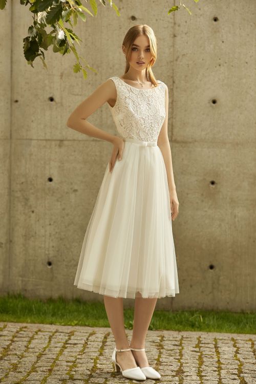 Weiß/Elfenbein Spitze Kurze Brautkleid Halbarm A-Linie Hochzeitskleid Ballkleid 